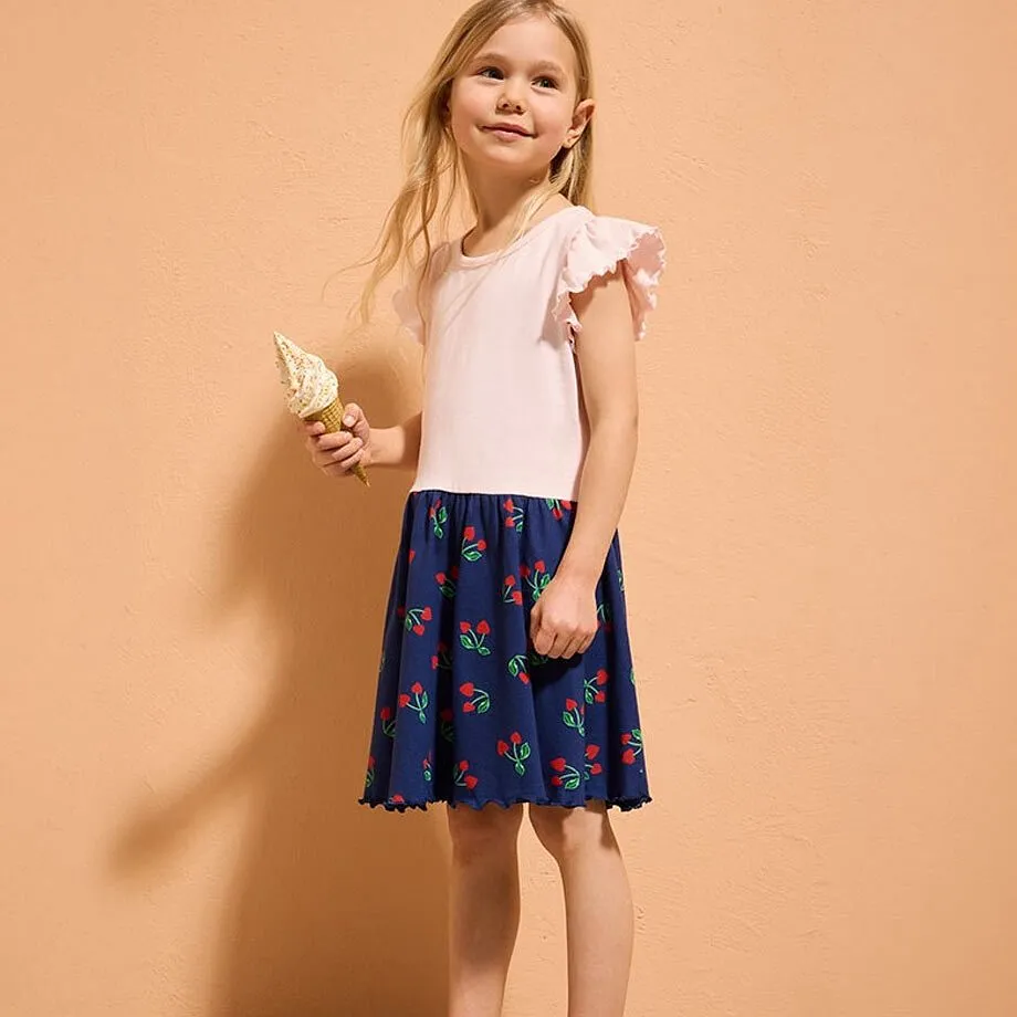 T-shirt &agrave; ruch&eacute;s et jupe bleu fonc&eacute; &agrave; imprim&eacute; fleurs multicolore.