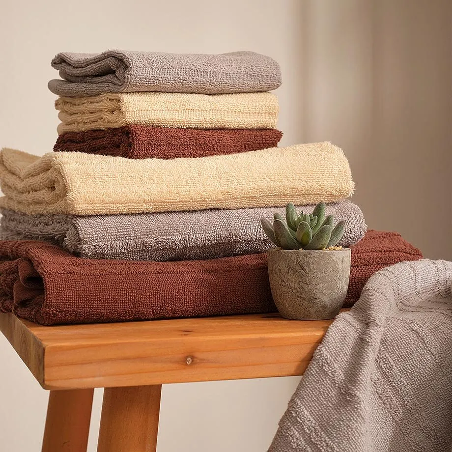 Serviettes de toilette dans des teintes naturelles.
