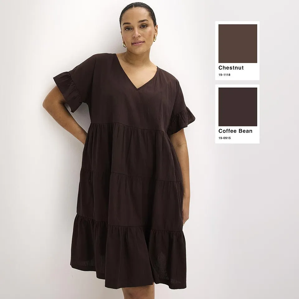 Robe &eacute;tag&eacute;e a&eacute;rienne de couleur marron avec d&eacute;collet&eacute; en V et manches courtes &agrave; volants.