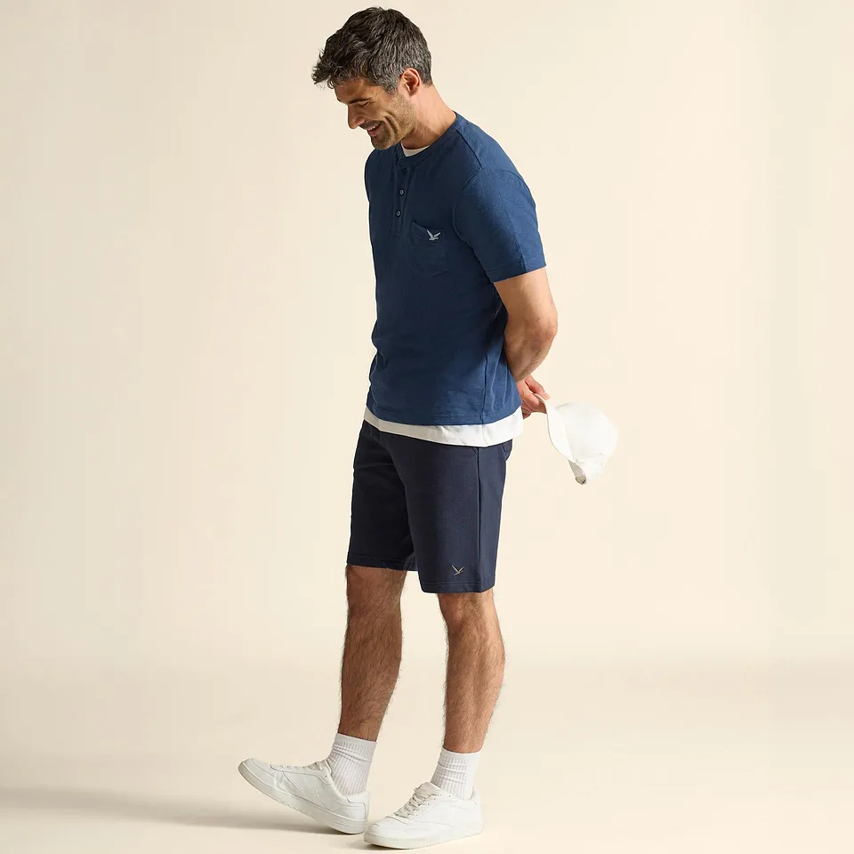 Homme - T-shirt col tunisien 100% coton - bleu profond