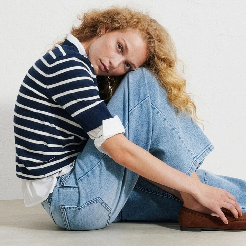 Gestreifter Pullover &uuml;ber wei&szlig;em Hemd, weite blaue Jeans und braune Loafer.
