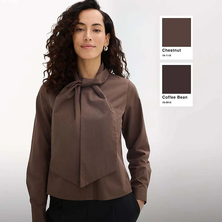 Stilvolle braune Schluppenbluse, perfekt in Chestnut und Coffee Bean Farbt&ouml;nen.