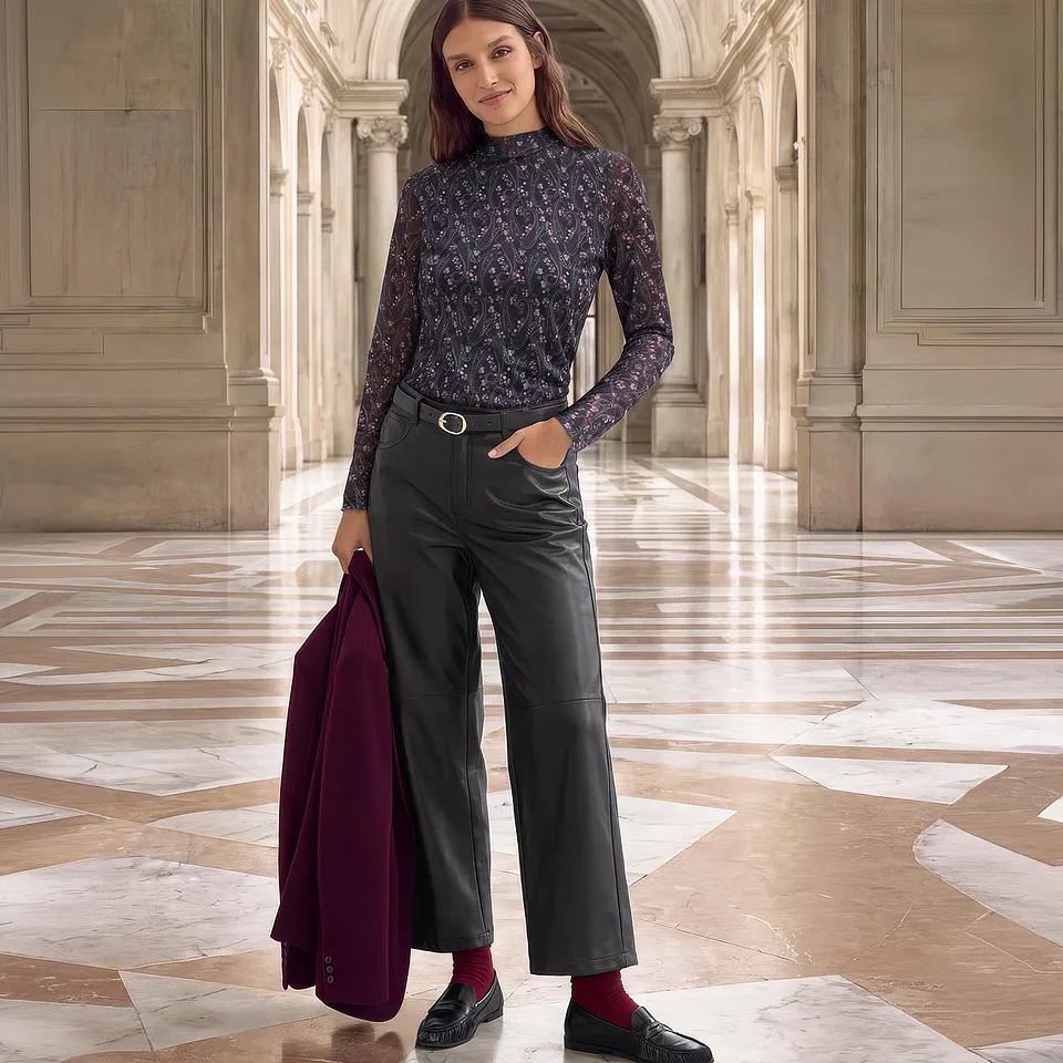 Femme - Pantalon barrel enduit - noir