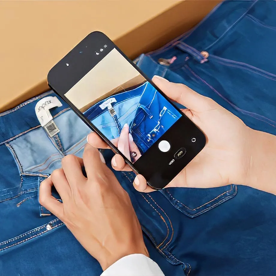 Jean bleu avec &eacute;tiquette, scann&eacute;e par un smartphone.
