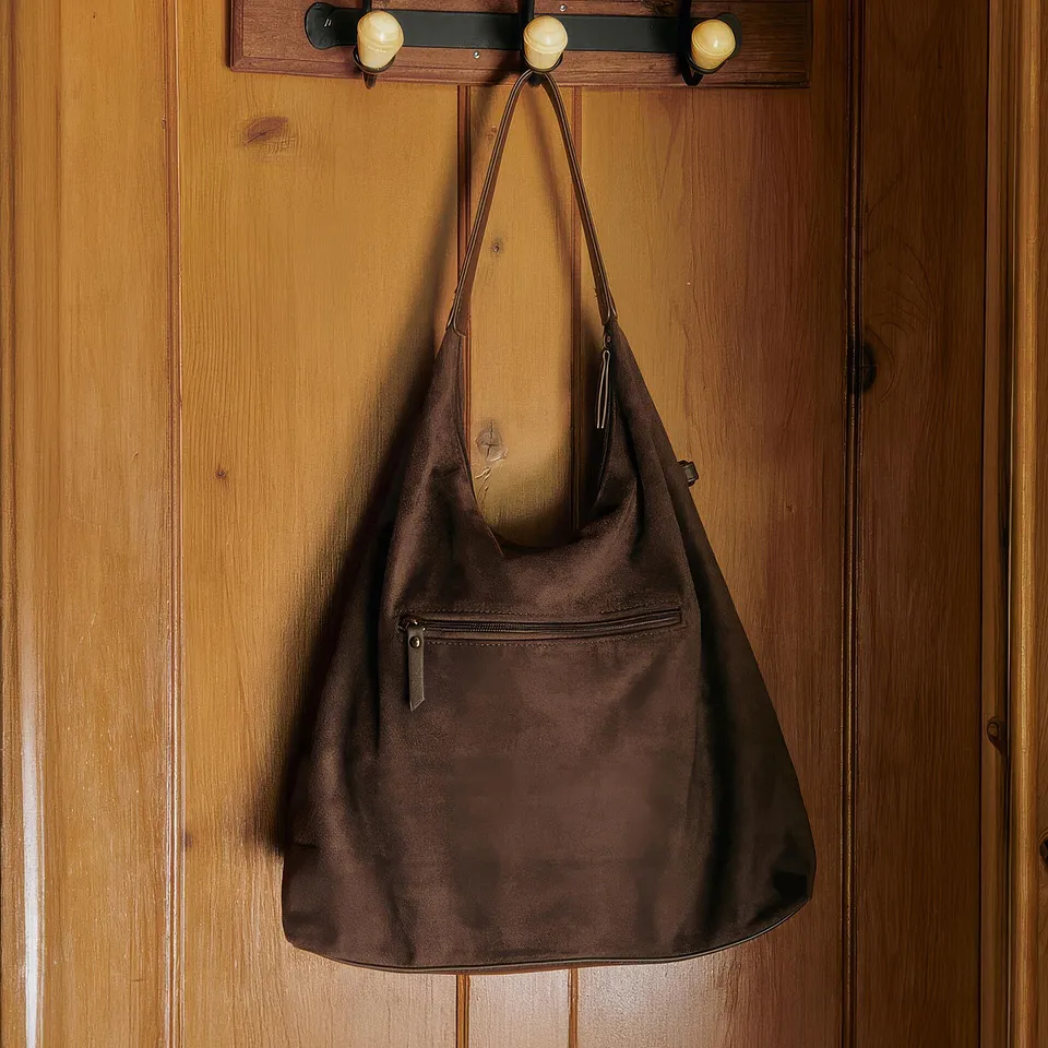 Un sac marron tendance suspendu &agrave; une pat&egrave;re murale en bois avec des crochets en laiton.