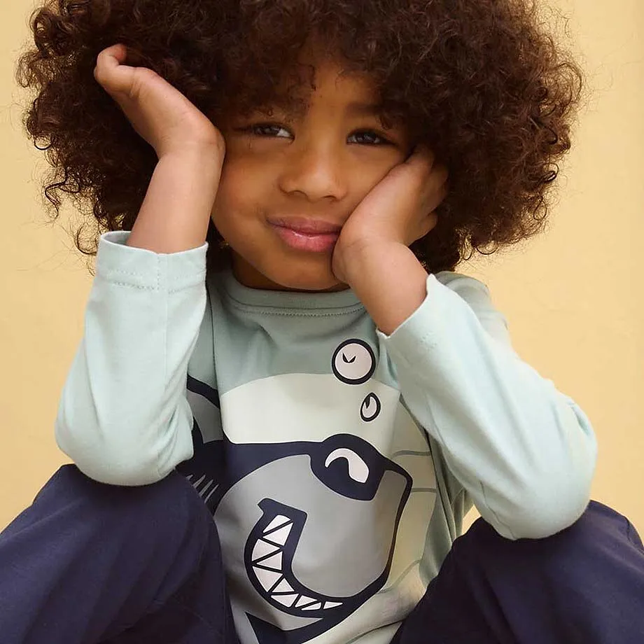 Pullover mit Haifisch-Motiv, kombiniert mit einer dunklen Hose.