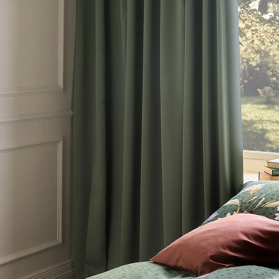 Gr&uuml;ne Vorh&auml;nge schm&uuml;cken das Fenster.