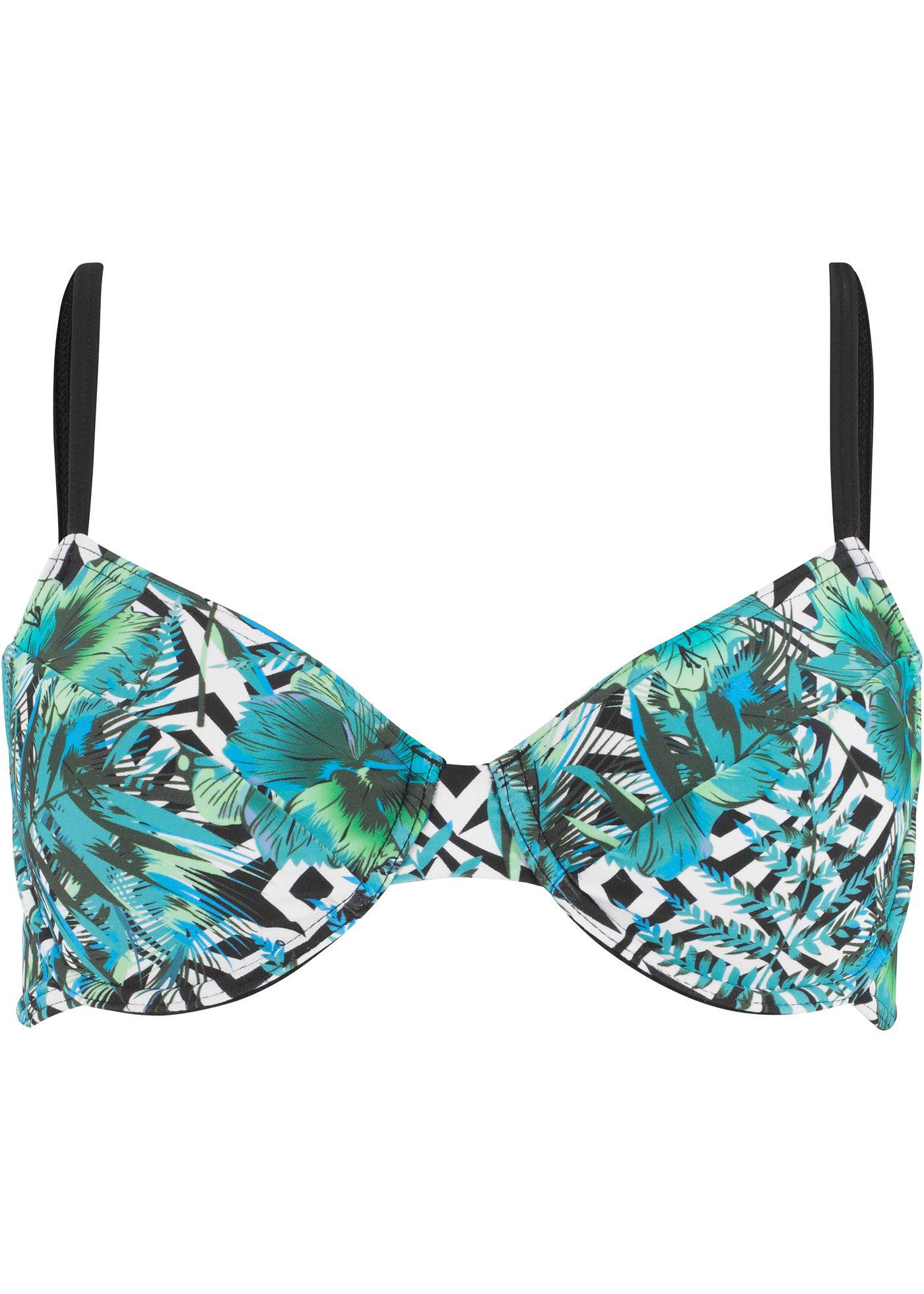 Modisches Bügel Bikini Oberteil mit verstellbaren Trägern grün bedruckt, Cup D