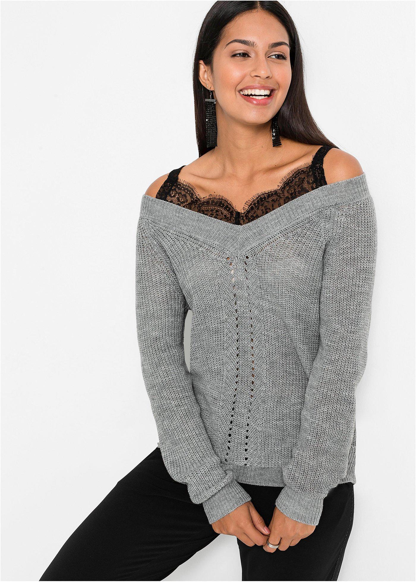 Moderner Pullover mit hochwertiger Spitze - grau meliert