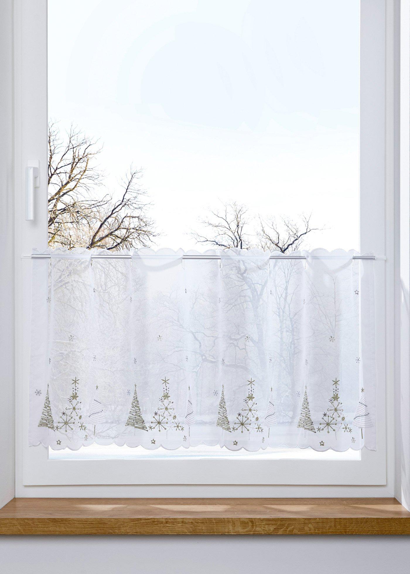 Scheibengardine mit weihnachtlicher Stickerei
