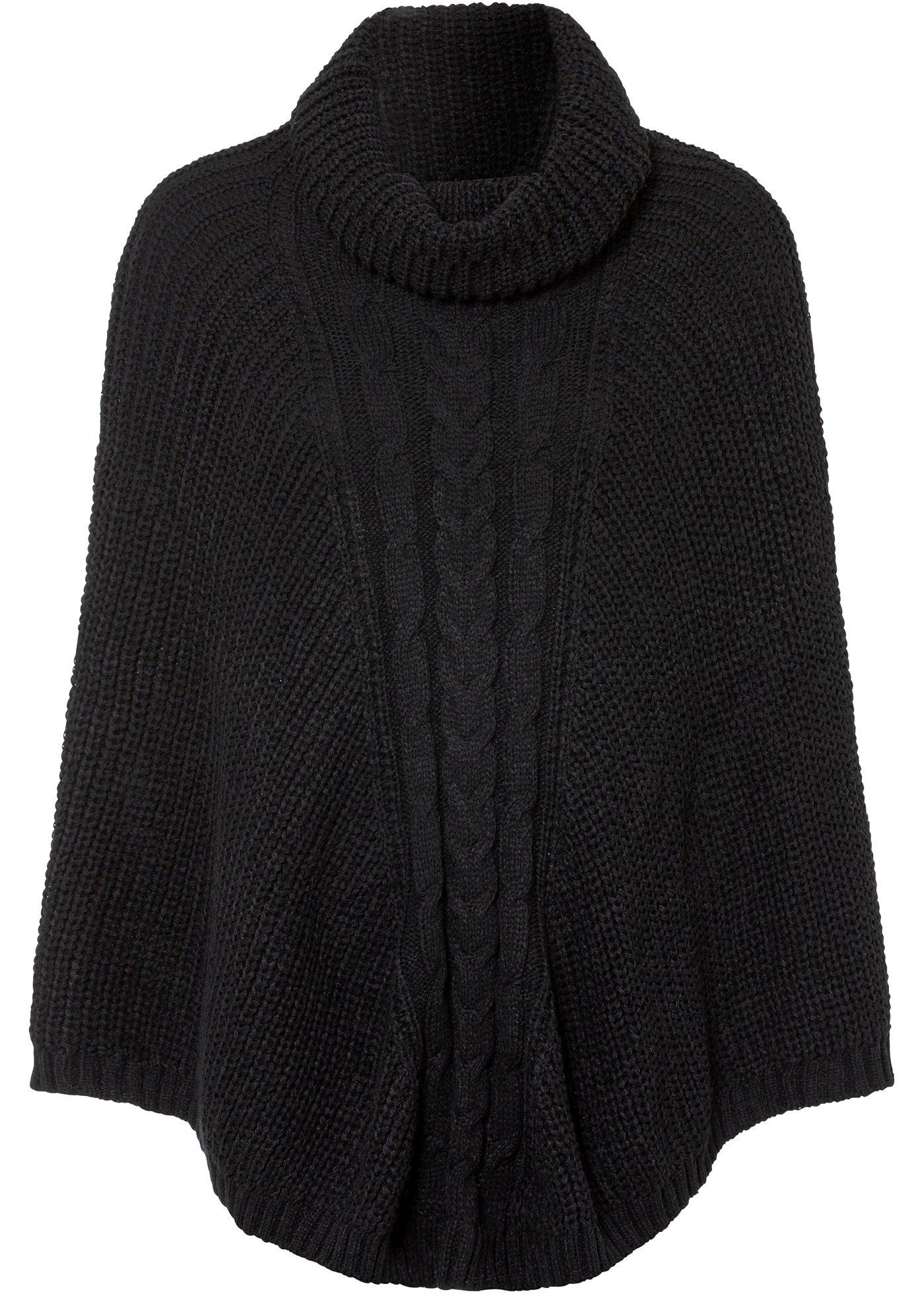 Grobmaschiger Poncho Mit Rollkragen - Schwarz