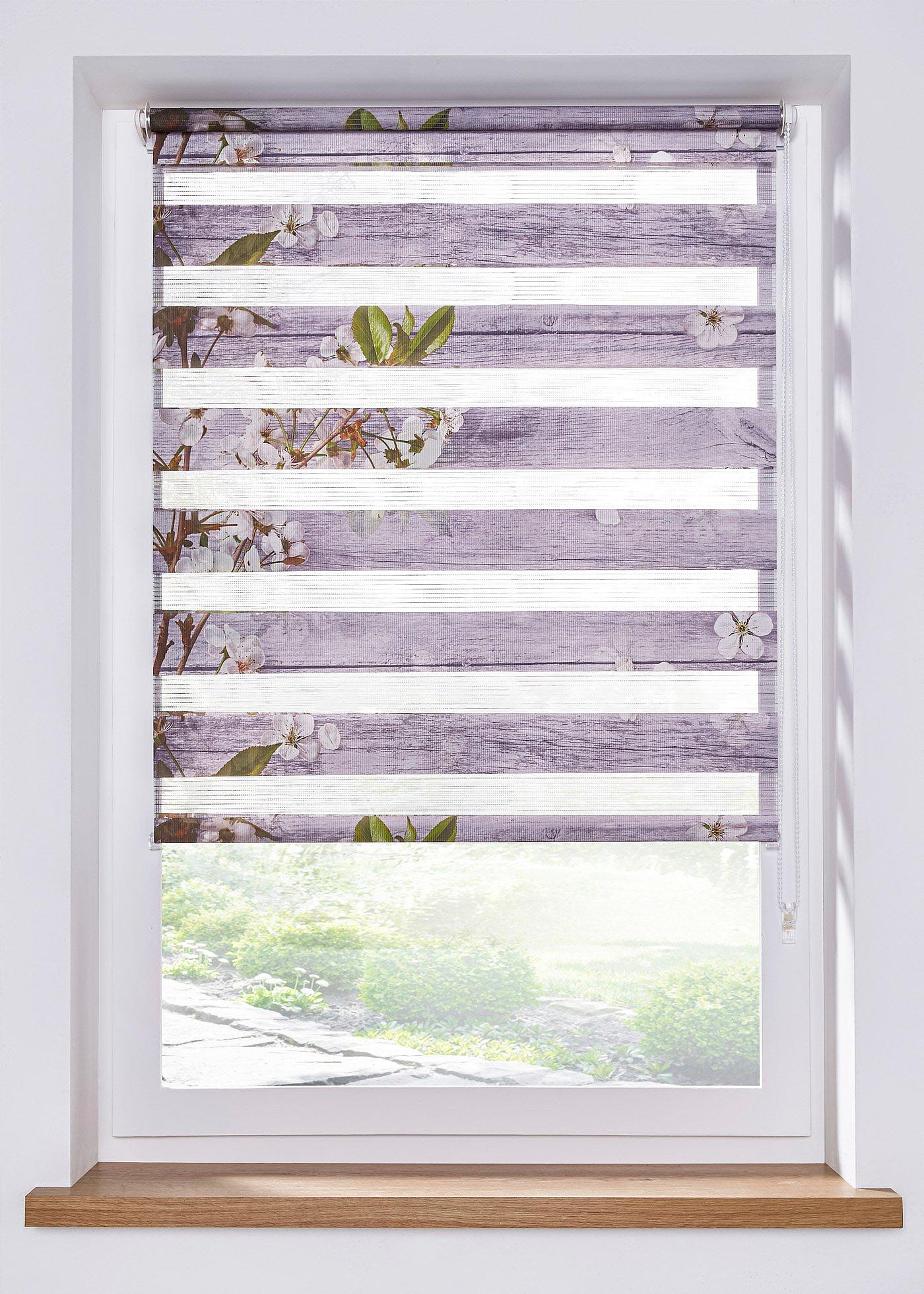 Doppelrollo in HolzOptik und schönen Blüten silbergrau, Klemmträger