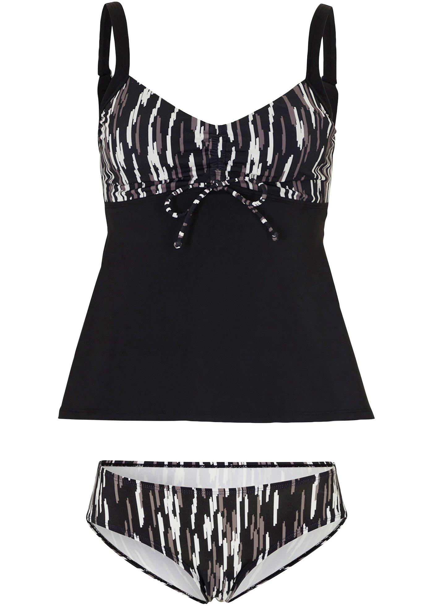 Modischer Tankini aus recyceltem Polyamid schwarz/grau längs gestreift