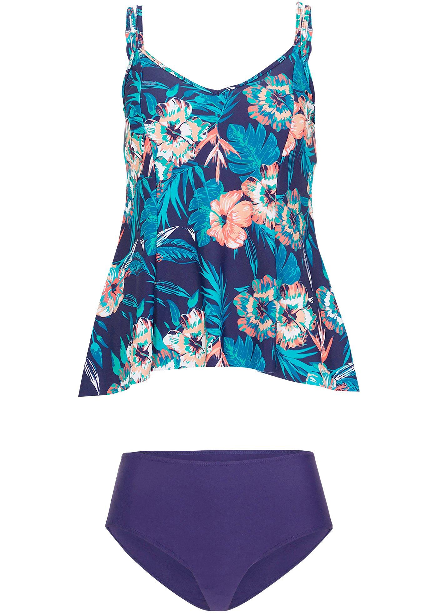Attraktiver Tankini mit floralem Druck dunkelblau/türkis/koralle geblümt