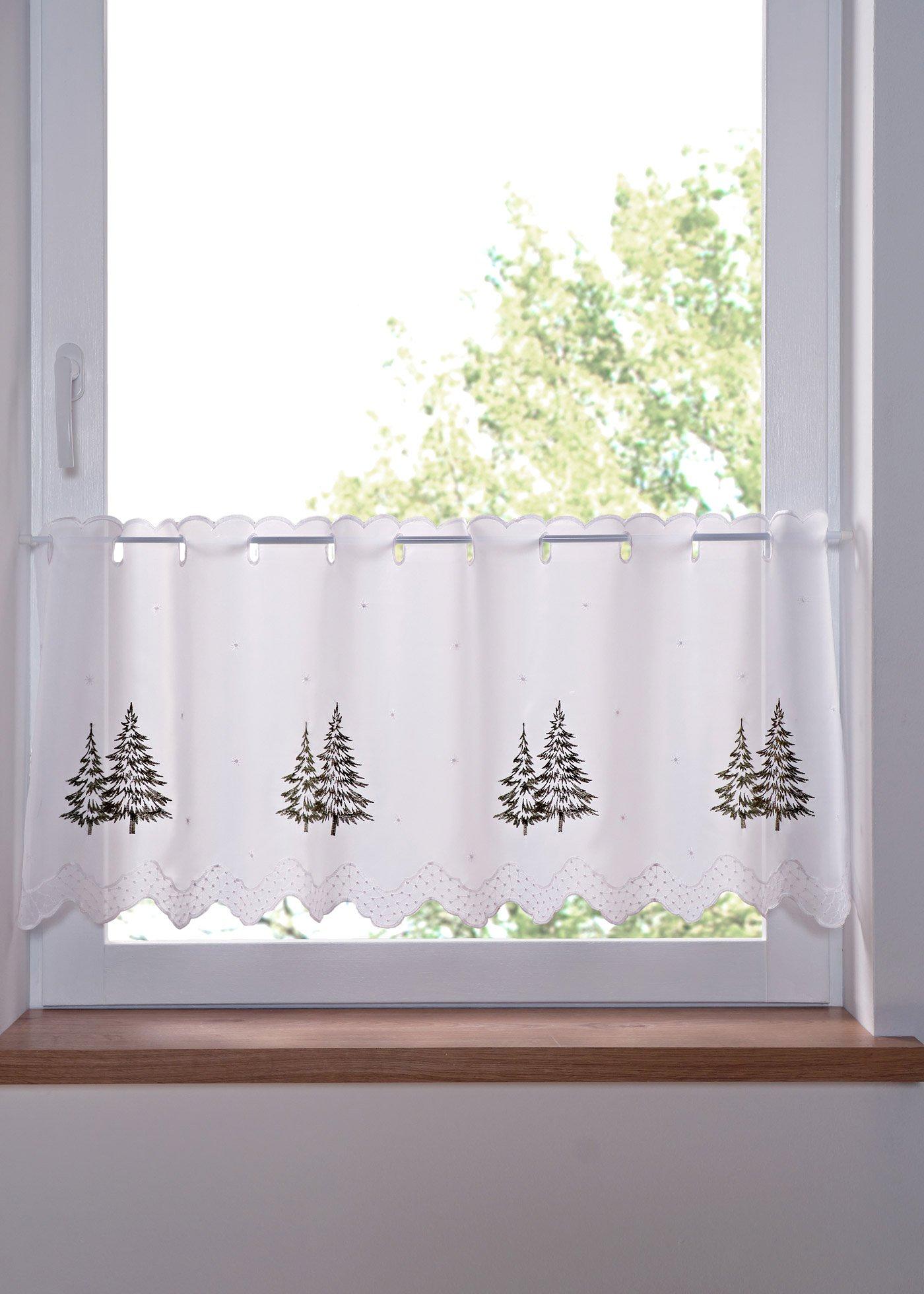 Scheibengardine mit Tannenbaum Stickerei