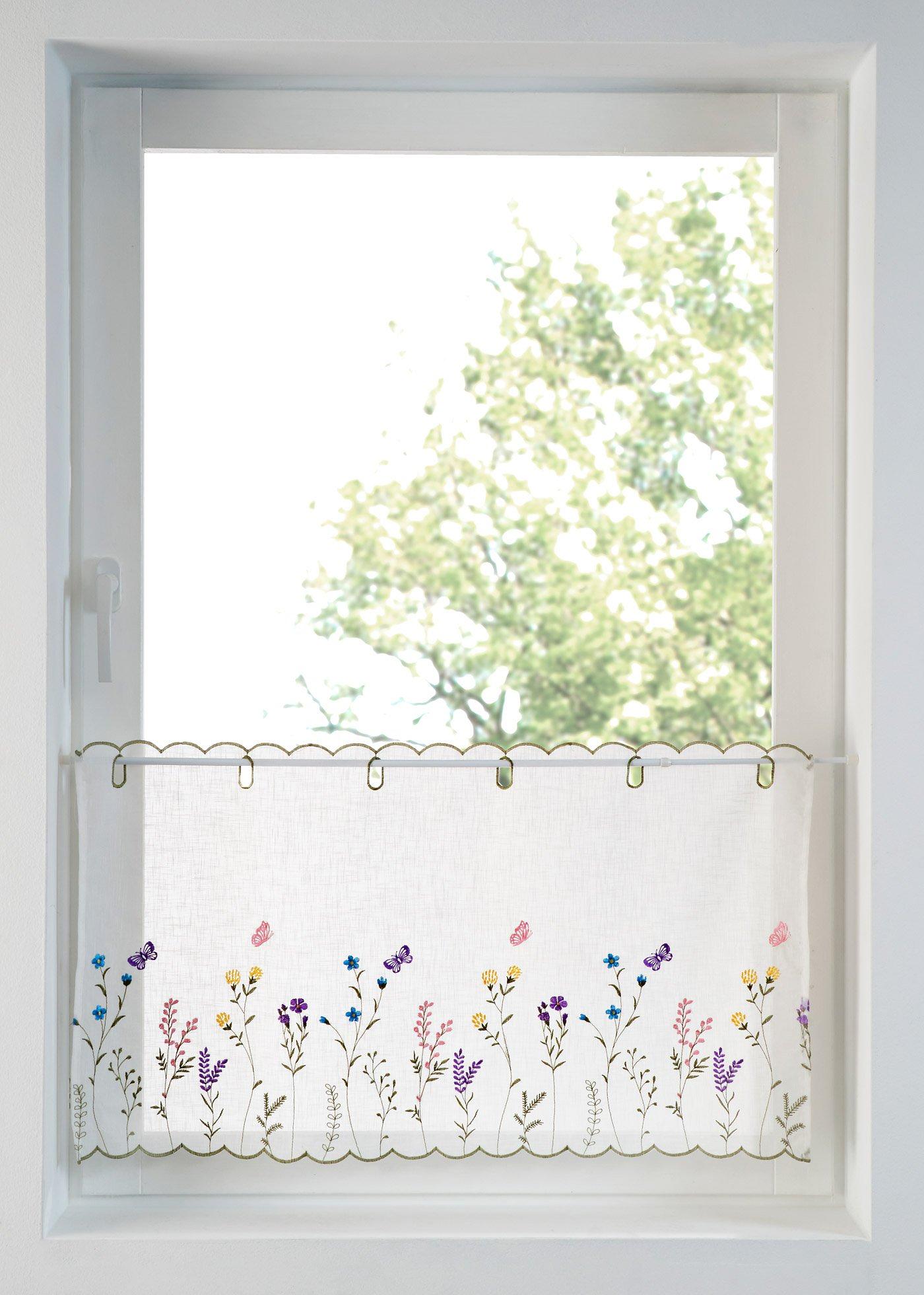 Scheibengardine mit floraler Stickerei
