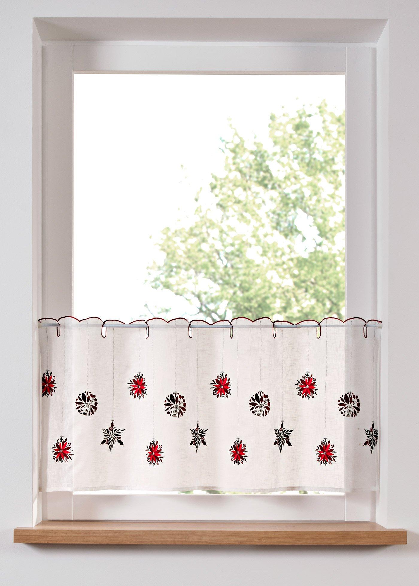 Scheibengardine mit weihnachtlicher Stickerei