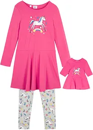 Jerseykleid + Leggings mit Puppenkleid (3-tlg. Set), bonprix