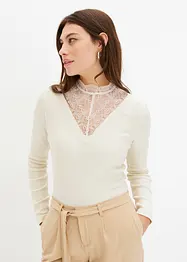 T-shirt côtelé à décolleté en dentelle, bonprix
