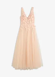 Robe longue en tulle délicat ornée de fleurs appliquées, bonprix