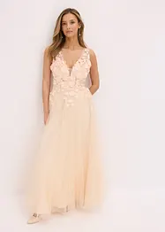 Robe longue en tulle délicat ornée de fleurs appliquées, bonprix