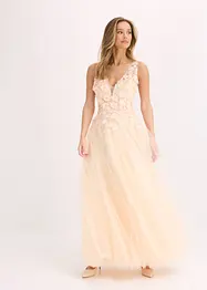 Robe longue en tulle délicat ornée de fleurs appliquées, bonprix
