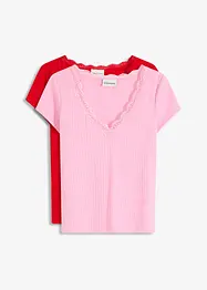 Lot de 2 T-shirts côtelés avec détail en dentelle, bonprix