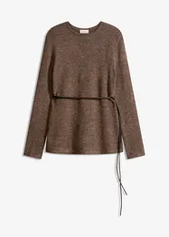 Strickshirt mit Wollanteil und Lederimitat- Bindeband, bonprix
