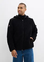Teddy-Fleece Jacke mit Web-Besatz und Kapuze, bonprix