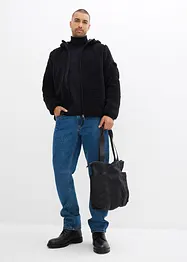 Teddy-Fleece Jacke mit Web-Besatz und Kapuze, bonprix