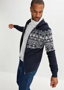 Gilet en maille coton à capuche motif norvégien coupe spéciale ventre, bonprix