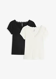 Lot de 2 T-shirts côtelés avec détail en dentelle, bonprix