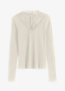 T-shirt côtelé à décolleté en dentelle, bonprix
