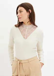 T-shirt côtelé à décolleté en dentelle, bonprix
