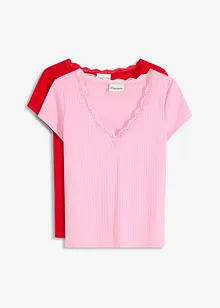 Lot de 2 T-shirts côtelés avec détail en dentelle, bonprix