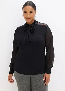 T-shirt manches longues avec dentelle et col lavallière, bonprix