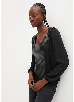 Bluse mit Chiffonärmel, Lederimitat, BODYFLIRT boutique