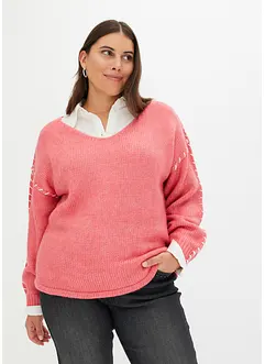 Pull en grosse maille douce à coutures contrastantes brodées, bonprix