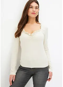 T-shirt côtelé à encolure froncée et volantée, bonprix