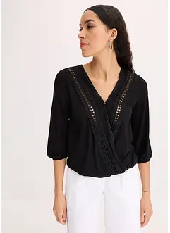 3/4-Arm Shirt mit Spitze in Wickeloptik, bonprix