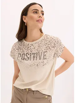 Shirt mit Webeinsatz und Glitzersteinchen, bonprix