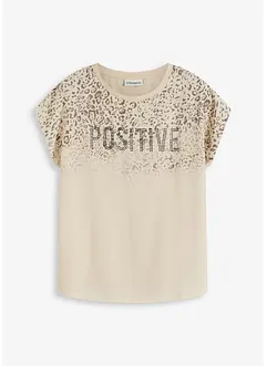 Shirt mit Webeinsatz und Glitzersteinchen, bonprix