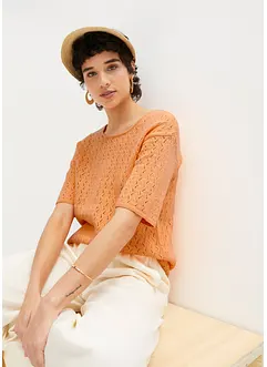 T-shirt en maille ajourée avec lin, manches coudes, bonprix