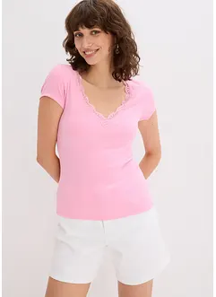 Lot de 2 T-shirts côtelés avec détail en dentelle, bonprix