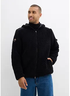 Teddy-Fleece Jacke mit Web-Besatz und Kapuze, bonprix