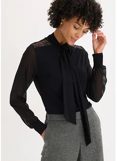 T-shirt manches longues avec dentelle et col lavallière, bonprix