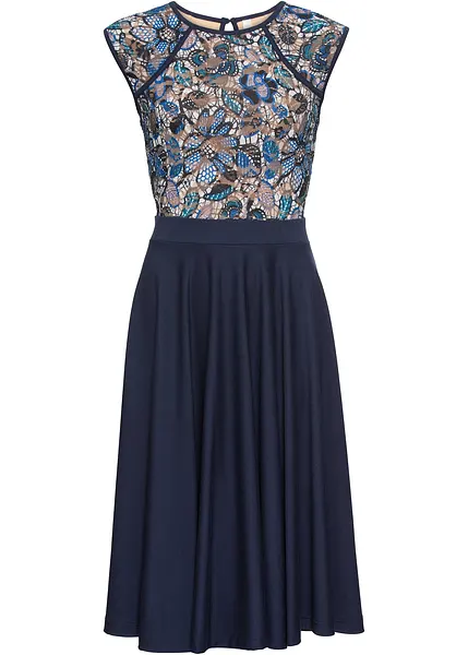 Robe midi a dentelle bleu fonce a fleurs