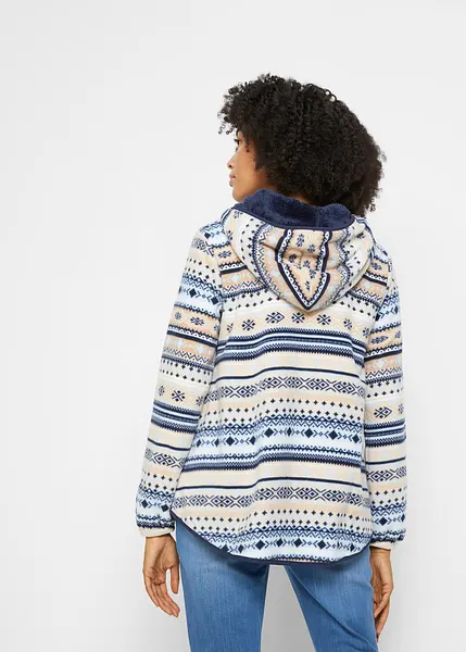 Kuschelige Fleecejacke mit Kapuze im Norweger-Stil kieselbeige