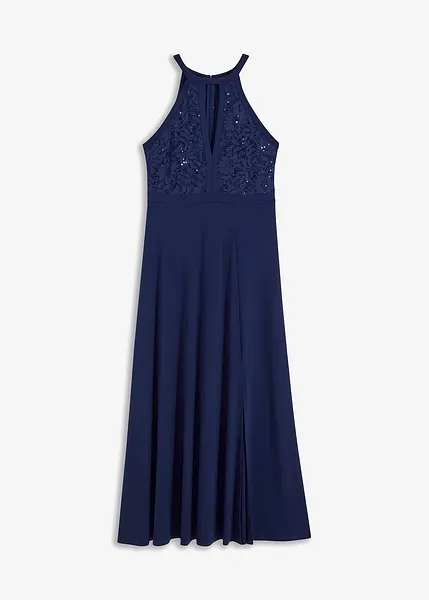 Elegante robe de soiree avec une belle dentelle et des paillettes bleu nuit