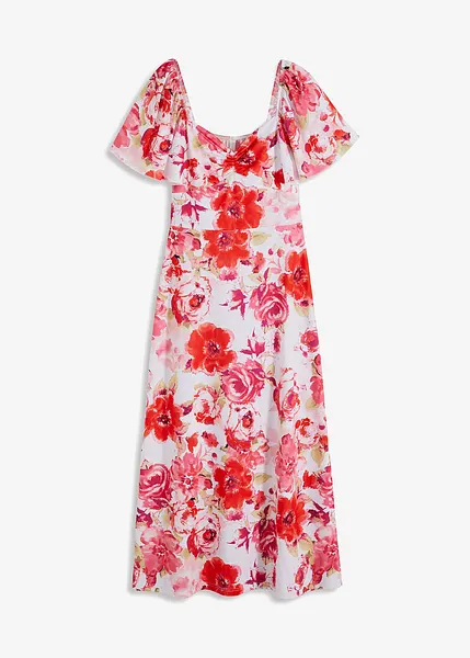 Robe d ete moderne avec de belles manches volantees blanc magenta rouge a fleurs